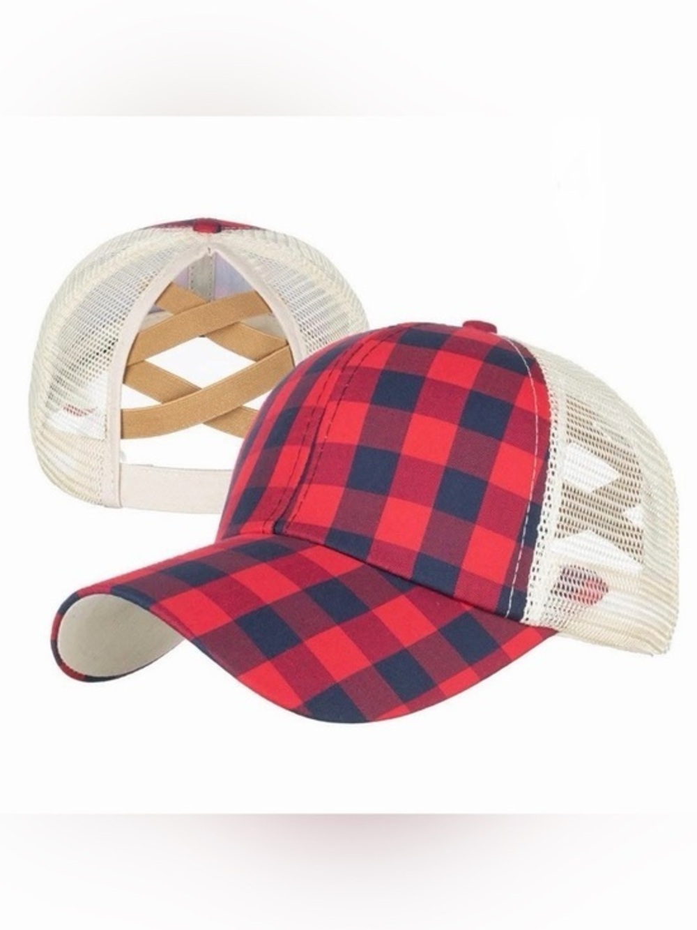 Checkered Print Ponytail Criss Cross Back Cap Hat
